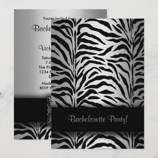 Zilveren Zebra vrijgezellenfeest uitnodigingen (Voorkant / Achterkant)