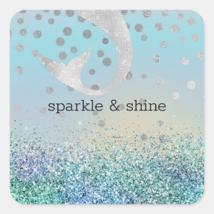 Zilveren Zeemeermin Aqua Mint Paarse Glitter Spark Vierkante Sticker