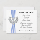 Zilveren Zwanen Save The Date Kaart met Blauwe Lin (Voorkant)