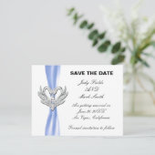 Zilveren Zwanen Save The Date Kaart met Blauwe Lin (Staand voorkant)