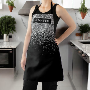 Zilveren Zwarte Glitter Meisjesachtige Monogram Na Schort