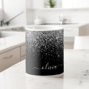 Zilveren Zwarte Glitter Moderne Monogram Naam Extra Grote Beker