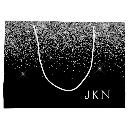 Zilveren Zwarte Glitter Monogram Meisjesnaam Begin Groot Cadeauzakje (Achterkant)