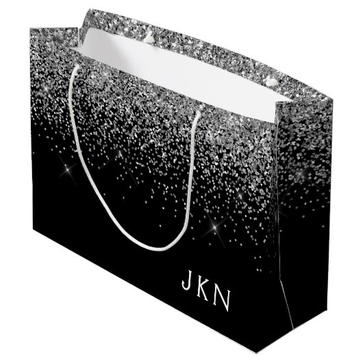 Zilveren Zwarte Glitter Monogram Meisjesnaam Begin Groot Cadeauzakje (Achterkant Gekanteld)