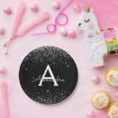 Zilveren Zwarte Glitter Schitterend Monogram Verja Papieren Bordje (Feest)