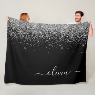 Zilveren Zwarte Glitter Script Monogram Meisjesnaa Fleece Deken
