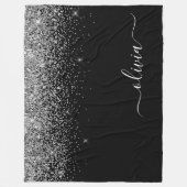 Zilveren Zwarte Glitter Script Monogram Meisjesnaa Fleece Deken (Voorkant)
