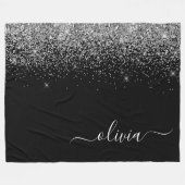 Zilveren Zwarte Glitter Script Monogram Meisjesnaa Fleece Deken (Voorkant (Horizontaal))
