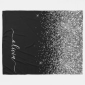 Zilveren Zwarte Glitter Script Monogram Meisjesnaa Fleece Deken (Voorkant (Horizontaal))