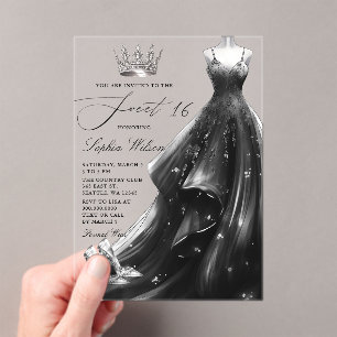 Zilveren zwarte jurk prinses Sweet 16 Acryl Uitnodigingen
