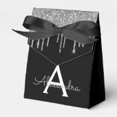 Zilveren Zwarte Luxe Glitter Glam Monogram Naam Bedankdoosjes (Voorkant Zijde)