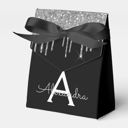 Zilveren Zwarte Luxe Glitter Glam Monogram Naam Bedankdoosjes (Voorkant Zijde)