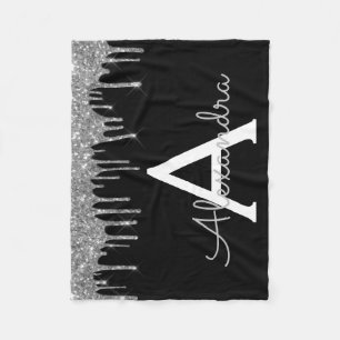 Zilveren Zwarte Luxe Glitter Glam Monogram Naam Fleece Deken