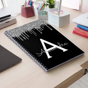Zilveren Zwarte Luxe Glitter Glam Monogram Naam Notitieboek