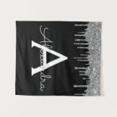 Zilveren Zwarte Luxe Glitter Glam Monogram Naam Wandkleed (Voorkant (horizontaal))