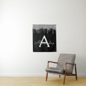 Zilveren Zwarte Luxe Glitter Glam Monogram Naam Wandkleed (In situ)