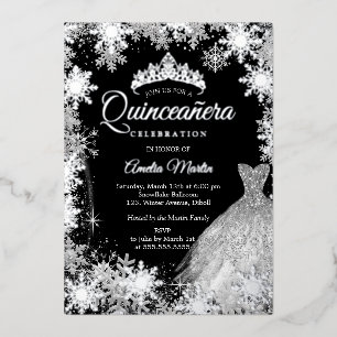 Zilveren Zwarte Winter Sneeuwvlok Quinceanera Folie Uitnodiging