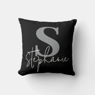 Zilveren Zwarte Worpkussen met Monogram Schrift Kussen