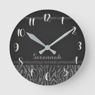 Zilveren zwarte zebraprint glamour sequins glitter ronde klok