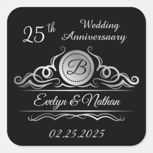Zilveren zwemmen op zwart 25th Wedding Jubileum Vierkante Sticker