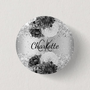 Zilverfloralen elegant naamlabel ronde button 3,2 cm
