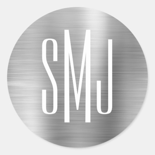 Zilverfolie Drieletterig Monogram Ronde Sticker (Voorkant)