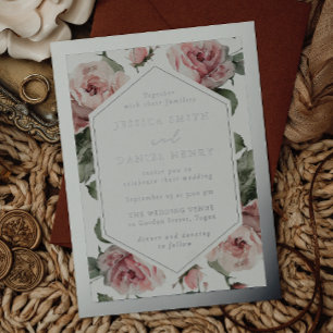 Zilverfolie Frame Roze Bloemen Bruiloft Folie Uitnodiging