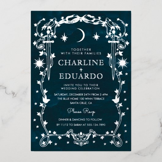 Zilverfolie Hemelse Gotische bruiloft Folie Uitnodiging (Voorkant)