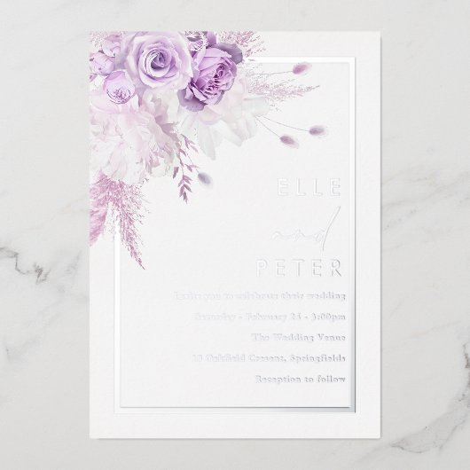 Zilverfolie & Lavendel Rozen Bruiloft Folie Uitnodiging (Voorkant)