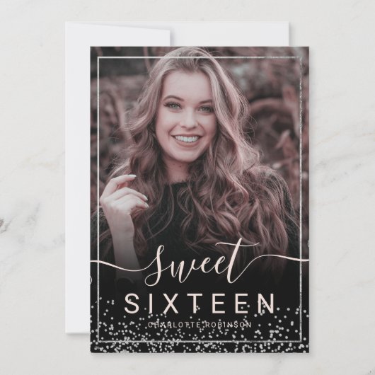 Zilverfolie lijst confetti roze 5 foto's zoet 16 kaart (Voorkant)