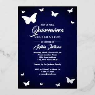 ZILVERFOLIE Navy Vlinder Quinceanera Folie Uitnodiging