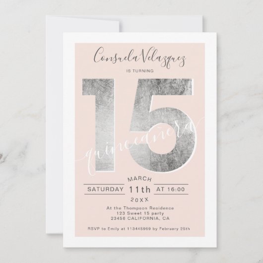 Zilverfolie script blush quinceanera foto kaart (Voorkant)