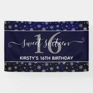Zilverfolie Sneeuwvlokken & blauwe bokeh Sweet 16 Spandoek