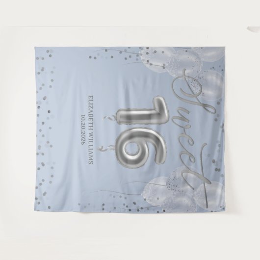 Zilverfolie Sweet 16 Ballonnen Blauw Achtergrond Wandkleed (Voorkant (horizontaal))