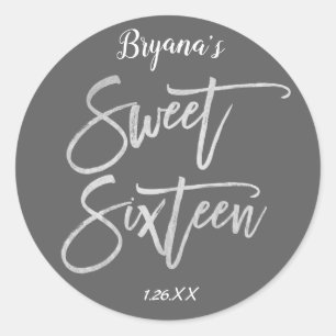 Zilverfolie Sweet 16 Zestien Modern Schrift Feest Ronde Sticker