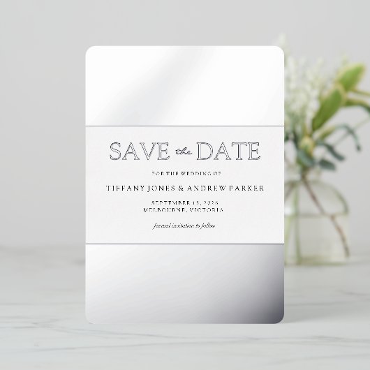 Zilverfolie Trendy Moderne Trouwkaart Save The Dat Folie Uitnodiging (Staand Voorkant)