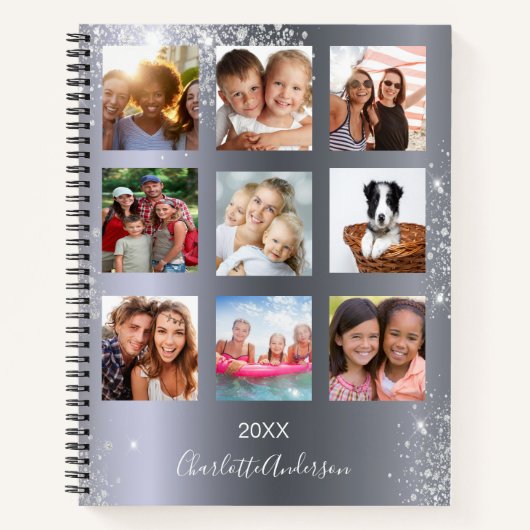 Zilverfotocollage monogram glitter notitieboek (Voorkant)