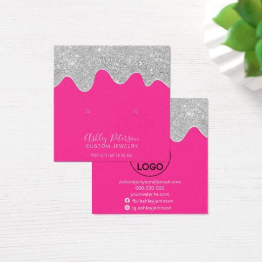 Zilverglitter druppelt roze stuifjes oorbellen dis vierkante visitekaartjes (Bureau)