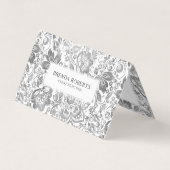 Zilvergrijs Bloemen Damasks Visitekaartjes (Voorkant)