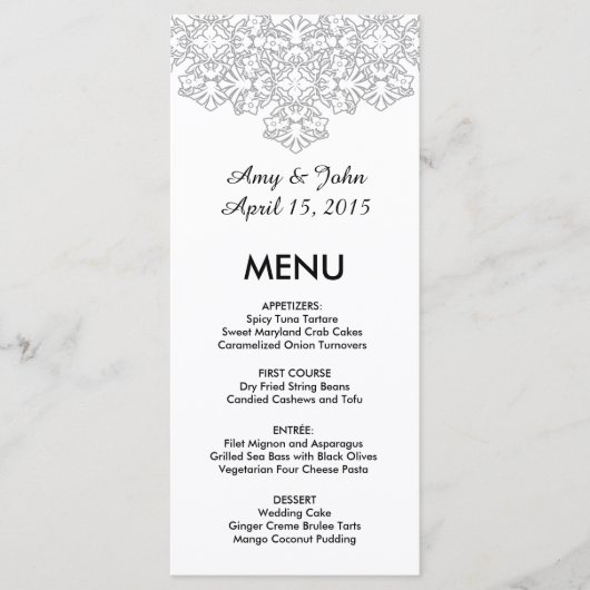 Zilvergrijs damask bruiloft menu dmask3 (Voorkant)