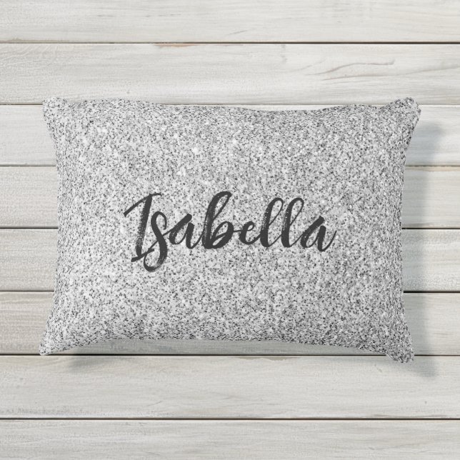 Zilvergrijs licht glitter fonkelt Custom name Buitenkussen (Achterkant)