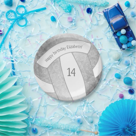 zilvergrijs meisjesvolleybal verjaardagsfeestje papieren bordje (Feest)