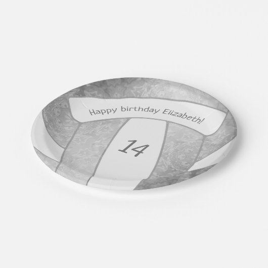 zilvergrijs meisjesvolleybal verjaardagsfeestje papieren bordje (Gekanteld)