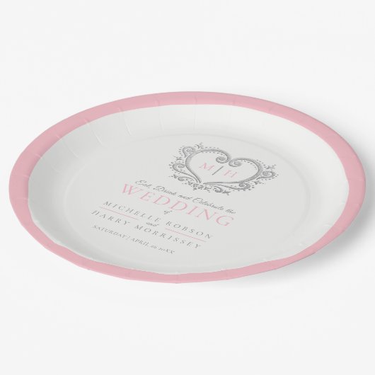 Zilverhardende roze baardendaagse monogram bruilof papieren bordje (Gekanteld)