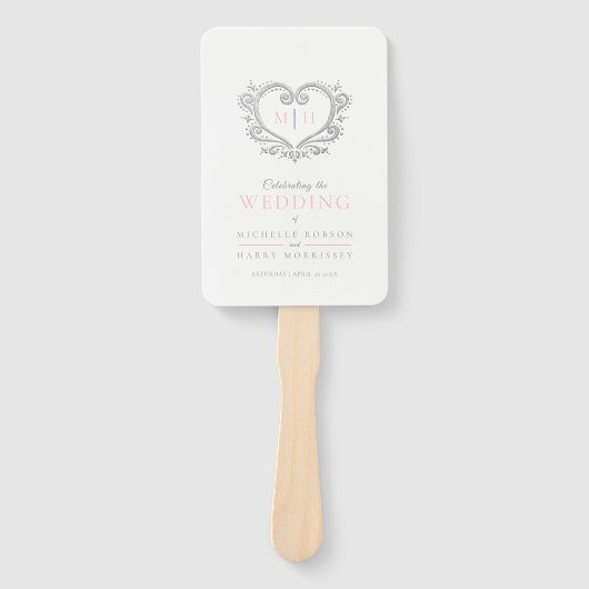 Zilverhardende roze en witte bruiloft handwaaier (Voorkant)