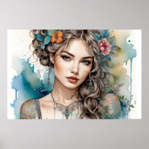Zilverharige, Rookogige, Glamoureuze Vrouw Poster