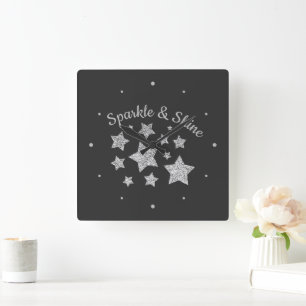 Zilverige glittersparkle Stars Shine quote donkerg Vierkante Klok