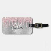 Zilverkleurige roze glitter druppels monogram bagagelabel (Voorkant horizontaal)