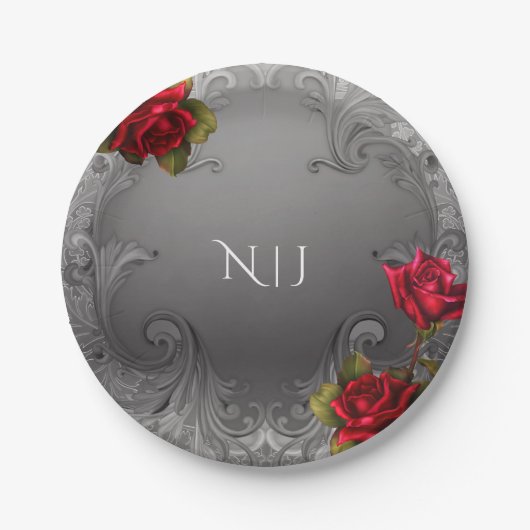 Zilverornamentaal Fancy rood rozenhuwelijk Papieren Bordje (Voorkant)