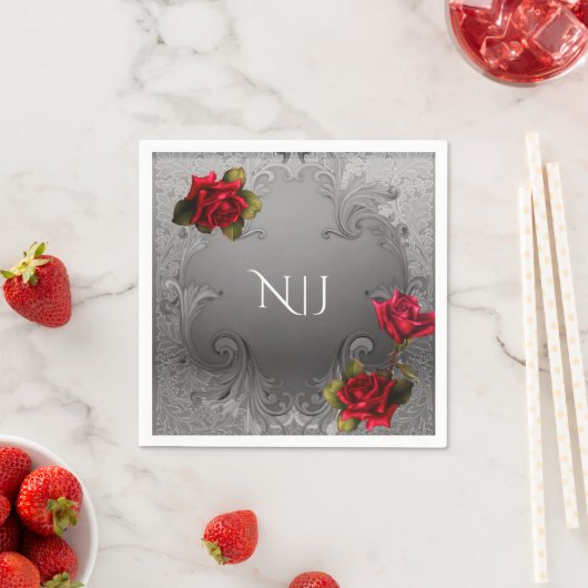 Zilverornamentaal  Fancy rood rozenhuwelijk Servetten (Insitu)